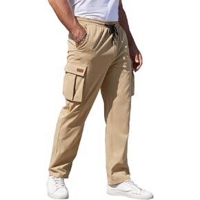 Mens Cargo Pants Drawstring Relaxed Fit Pants Stretch Elastic Waist Work Outdoor Casual Pants with Pockets