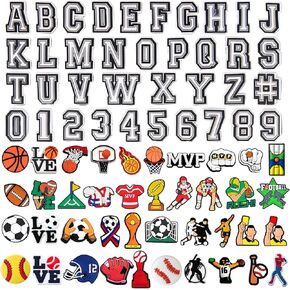 77Pcs Sports Shoe Charms, Letter Number Sport Shoe Decoration, Basketball Baseball Football Soccer Shoes Charms Accessories for Boys Kids Teens