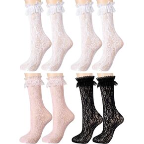 4 Pairs Little Girl Knee High Socks Kids Lace Long Socks Mesh with Bow Ruffle Stocking for 5-12 Years Old Kids Girl
