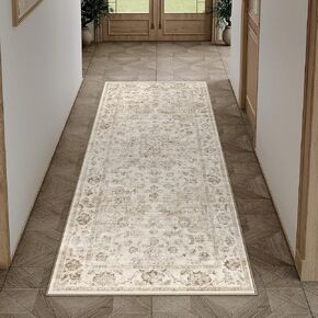 2x8 Washable Neutral Runner Rug Beige Hallway Kitchen Non-Slip Low Pile Floral Carpet Vintage Retro Soft Thin Throw Rug for Bathroom Bedroom Entryway Laundry Dining Room Office