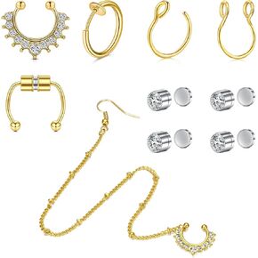 VCMART Fake Nose Ring Fake Septum Fake Nose Ring Hoop Fake Septum Ring Fake Septum Piercing Indian Nose to Ear Chain Jewelry Clip on Non Piercing Faux Septum Nose Rings for Women