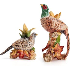 Fitz and Floyd Fall Harvest Pheasant Ceramic Figurine Candleholders, Set of 2, 10.5 and 6.25 inches Tall