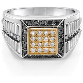Gem Stone King Men's 925 Sterling Silver & 10K Yellow Gold Lab Grown Diamond & Black Diamond Cuban Rolex Style Square Cut Band Ring For Men | 0.56 Cttw | Available in Size 7-13