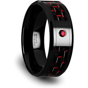Roy Rose Jewelry Mens Black Ceramic Black and Red Carbon Fiber Red Ruby Setting Wedding Ring - Beveled Comfort Fit - 8mm Wide - Style Name: SORRELL