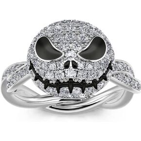 Jeulia Jack Skellington Rings Sterling Silver Rotating Skull Nightmare Before Christmas for Women Men Diamond Solitaire Engagement Ring Romantic Anniversary Engagement Jewelry Gifts