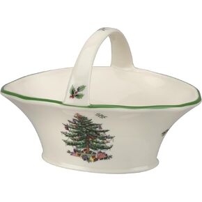 Spode Christmas Tree Candy Basket, 5.75-Inch Candy Bowl with Handle for Holiday Snacks, Fine Earthenware Christmas Gift, Festive Holiday Serveware & Holiday Display Bowl, Seasonal Décor