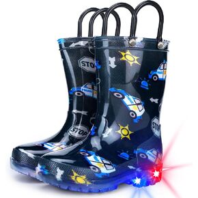 Toddler Rain Boots Boys Rain Boots - Patterns Light Up Kids Rain Boots with Easy-On Handles Lightwight Waterproof Rain Shoes (Toddler/Little/Big kids)