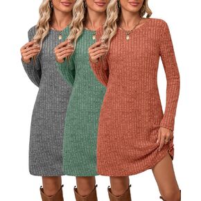 Riyiper 3 Pack Women's Long Sleeve Dresses, Loose Fitting Knit Sweater Tunic Dresses Crew Neck Causal Fall Winter Dresses