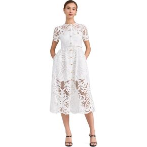 Self Portrait Women's White Cotton Lace Button Midi Dress in Kuwait