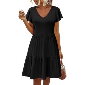 HOTOUCH Women's Casual Tiered Dress with Pockets V Neck Ruffle Dress Cap Sleeve Swing Mini Dress A-Line Dresses