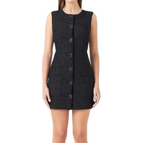 Tweed Dress Woman Sleeveless Bodycon Jackie O Dresses Crew Neck Elegant Button Down Mini Dress