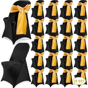Lounsweer 50 Pcs Folding Chair Cover Set with 25 Stretch Spandex Chair Slipcovers 25 Satin Chair Sashes Bows Chair Ribbon Washable Banquet Chair Protector for Wedding Event(White, Rose Gold)