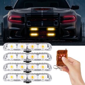 Chemini 4 in 1 Ultra Slim LED Grill Strobe Lights for Trucks 12V Car Emergency Strobe Lights 4 LED Surface Mount Police Lights Flashing Safety Lights for Car, Vehicles (White)