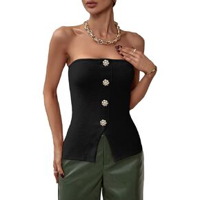OYOANGLE Women's Button Front Slit Hem Tube Top Strapless Textured Slim Fit Tops