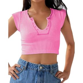 Beumissy Women's Crop Top Crew Neck T-Shirt Short Sleeve Ribbed Knit Basic Crop Tank Top