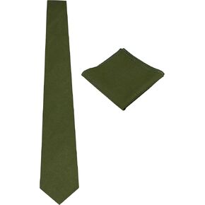 Gollate Mens Solid Linen Tie Set : Slim Necktie with Matching Pocket Square (Olive Green)
