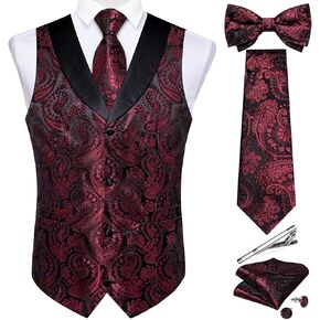 DiBanGu Shawl Collar Suit Vest for Men Vest Set with Tie Bowtie Tie Clip Pocket Square Cufflinks 6Pcs Waistcoat