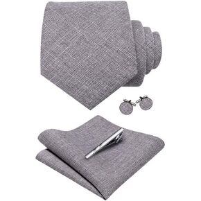 YOHOWA Extra Long Men's Tie Set with Clip Wool Linen Solid Checkered Business Wedding Neckties Handkerchief Cufflinks