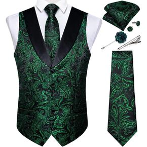 DiBanGu Mens Paisley Suit Vest Silk Jacquard Waistcoat and Necktie Set Formal Shawl Collar Dress Vest 7PCS for Wedding Party