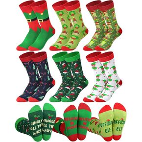 6 Pairs Christmas Novelty Elf Socks for Adults Funny Christmas Crew Socks Elf Gift Holiday Socks for Xmas Stocking Stuffers