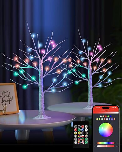 شجرة البتولا المضيئة بطول 2 قدم من Ariceleo مع مصابيح LED RGB، تعمل بمنفذ USB، ومؤقت وتحكم في التطبيق، 24 مصباح LED، ديكور سطح الطاولة لعيد الميلاد، وعيد الشكر، وديكورات العطلات - للاستخدام الداخلي والخارجي in Saudi Arabia