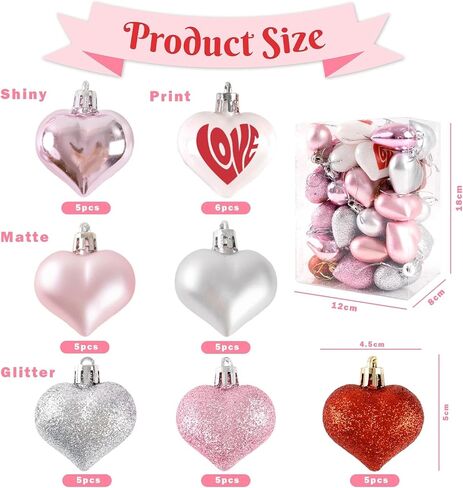 GuassLee Valentines Day Decorations Heart Ornaments - 36pcs Rose Gold Heart Shaped Baubles Tree Ornaments for Valentine's Day Wedding Anniversary Hanging Decorations in Kuwait