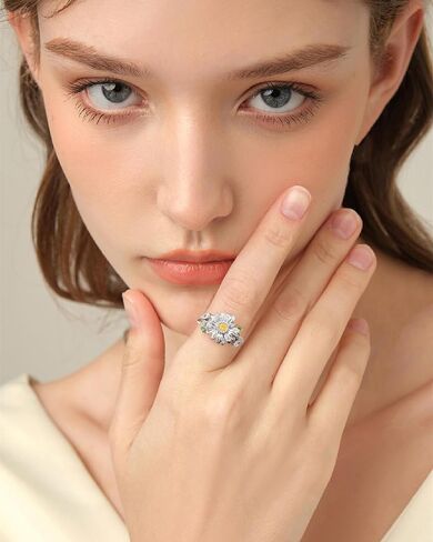 Fidget Spinner Rings for Anxiety for Women - 925 Sterling Silver Sunflower/Rose/Daisy Promise Bands Relieving Stress Jewelry Anti Anxiety Gifts for Couples Women in Saudi Arabia