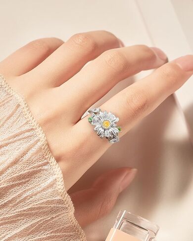 Fidget Spinner Rings for Anxiety for Women - 925 Sterling Silver Sunflower/Rose/Daisy Promise Bands Relieving Stress Jewelry Anti Anxiety Gifts for Couples Women in Saudi Arabia