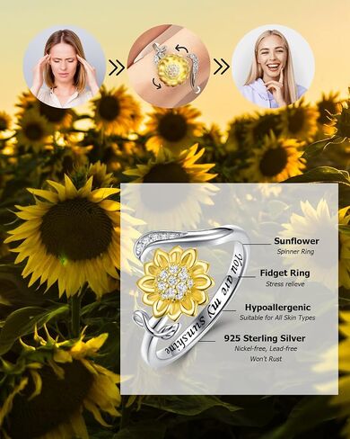 Fidget Spinner Rings for Anxiety for Women - 925 Sterling Silver Sunflower/Rose/Daisy Promise Bands Relieving Stress Jewelry Anti Anxiety Gifts for Couples Women in Saudi Arabia