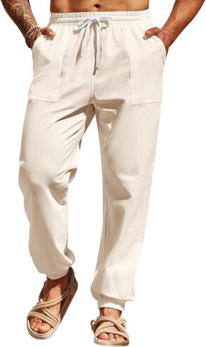 Runcati Men's Casual Pants Elastic Waist Drawstring Summer Jogger Pants Cotton Yoga Beach Trousers with Pockets in Saudi Arabia