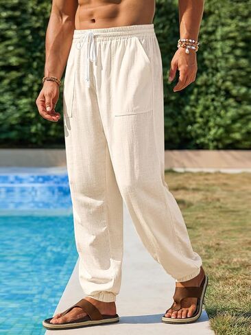 Runcati Men's Casual Pants Elastic Waist Drawstring Summer Jogger Pants Cotton Yoga Beach Trousers with Pockets in Saudi Arabia