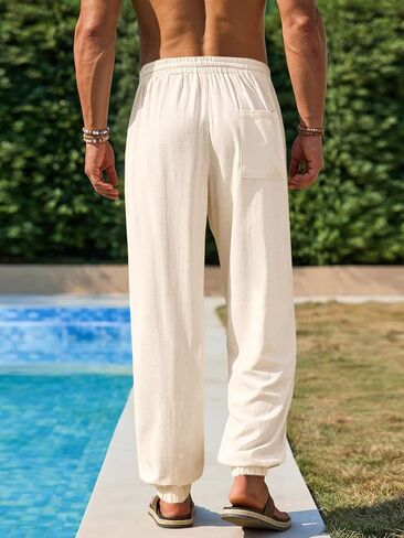 Runcati Men's Casual Pants Elastic Waist Drawstring Summer Jogger Pants Cotton Yoga Beach Trousers with Pockets in Saudi Arabia