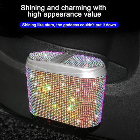 Mandark Bling Car Trash Can with Lid, Cute Diamond Automotive Hanging Dustbin Container, Sparkling Crystal Rhinestone Mini Vehicle Garbage Organizer, Universal for Car, Home, Office（White） in Saudi Arabia