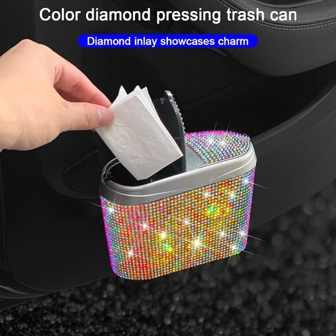Mandark Bling Car Trash Can with Lid, Cute Diamond Automotive Hanging Dustbin Container, Sparkling Crystal Rhinestone Mini Vehicle Garbage Organizer, Universal for Car, Home, Office（White） in Saudi Arabia