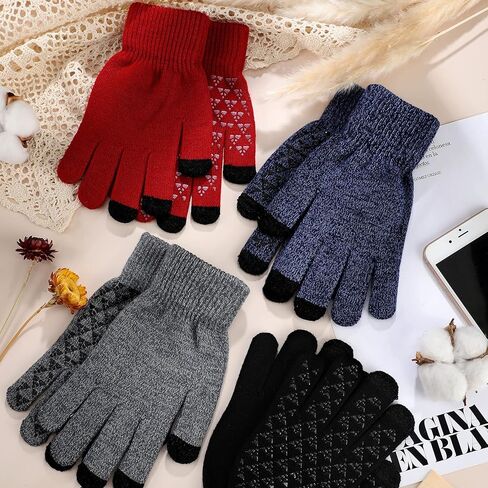 SATINIOR 4 Pairs Winter Gloves Warm Knit Gloves Touchscreen Anti Slip Silicone Gloves Soft Elastic Cuff Texting Gloves (Black, Red, Blue, and Hemp Grey) in Saudi Arabia