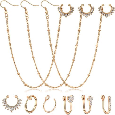 VCMART Fake Nose Ring Fake Septum Fake Nose Ring Hoop Fake Septum Ring Fake Septum Piercing Indian Nose to Ear Chain Jewelry Clip on Non Piercing Faux Septum Nose Rings for Women in Saudi Arabia