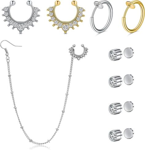 VCMART Fake Nose Ring Fake Septum Fake Nose Ring Hoop Fake Septum Ring Fake Septum Piercing Indian Nose to Ear Chain Jewelry Clip on Non Piercing Faux Septum Nose Rings for Women in Saudi Arabia