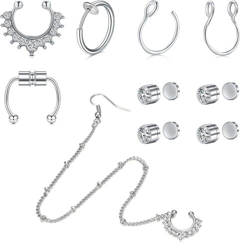 VCMART Fake Nose Ring Fake Septum Fake Nose Ring Hoop Fake Septum Ring Fake Septum Piercing Indian Nose to Ear Chain Jewelry Clip on Non Piercing Faux Septum Nose Rings for Women in Saudi Arabia