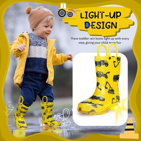 Toddler Rain Boots Boys Rain Boots - Patterns Light Up Kids Rain Boots with Easy-On Handles Lightwight Waterproof Rain Shoes (Toddler/Little/Big kids) in Saudi Arabia