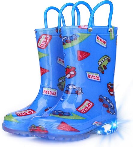 Toddler Rain Boots Boys Rain Boots - Patterns Light Up Kids Rain Boots with Easy-On Handles Lightwight Waterproof Rain Shoes (Toddler/Little/Big kids) in Saudi Arabia