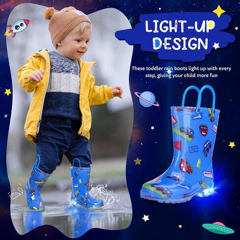Toddler Rain Boots Boys Rain Boots - Patterns Light Up Kids Rain Boots with Easy-On Handles Lightwight Waterproof Rain Shoes (Toddler/Little/Big kids) in Saudi Arabia