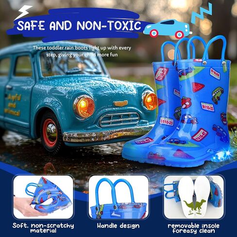 Toddler Rain Boots Boys Rain Boots - Patterns Light Up Kids Rain Boots with Easy-On Handles Lightwight Waterproof Rain Shoes (Toddler/Little/Big kids) in Saudi Arabia