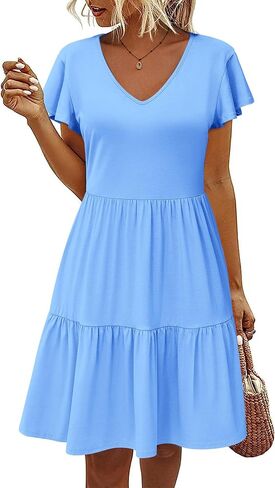 HOTOUCH Women's Casual Tiered Dress with Pockets V Neck Ruffle Dress Cap Sleeve Swing Mini Dress A-Line Dresses in Kuwait