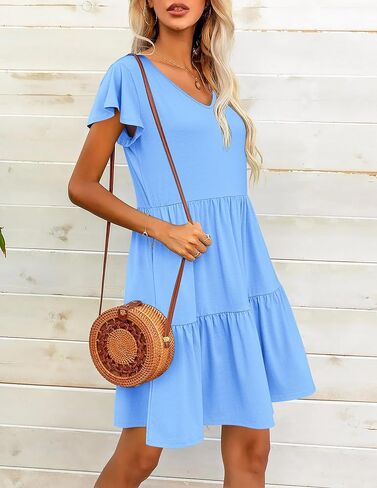 HOTOUCH Women's Casual Tiered Dress with Pockets V Neck Ruffle Dress Cap Sleeve Swing Mini Dress A-Line Dresses in Kuwait