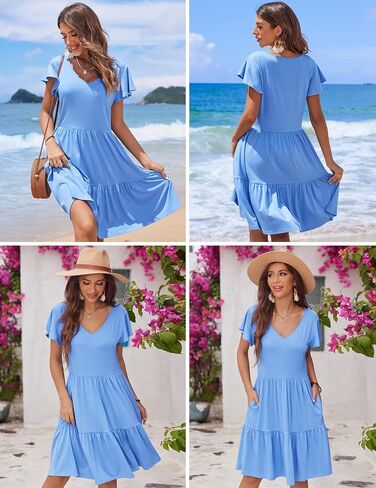 HOTOUCH Women's Casual Tiered Dress with Pockets V Neck Ruffle Dress Cap Sleeve Swing Mini Dress A-Line Dresses in Kuwait