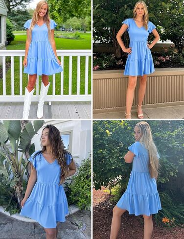 HOTOUCH Women's Casual Tiered Dress with Pockets V Neck Ruffle Dress Cap Sleeve Swing Mini Dress A-Line Dresses in Kuwait