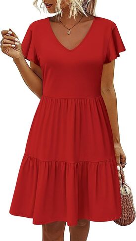 HOTOUCH Women's Casual Tiered Dress with Pockets V Neck Ruffle Dress Cap Sleeve Swing Mini Dress A-Line Dresses in Kuwait