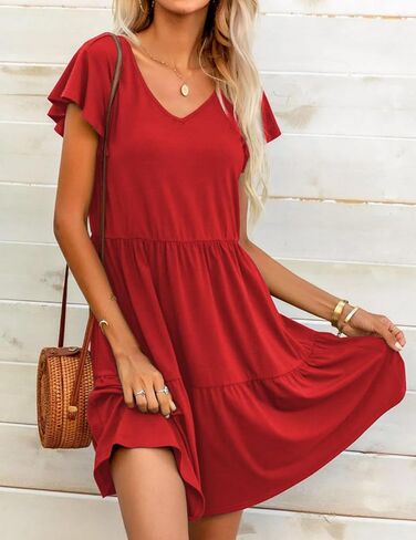 HOTOUCH Women's Casual Tiered Dress with Pockets V Neck Ruffle Dress Cap Sleeve Swing Mini Dress A-Line Dresses in Kuwait