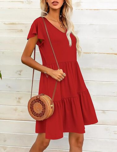 HOTOUCH Women's Casual Tiered Dress with Pockets V Neck Ruffle Dress Cap Sleeve Swing Mini Dress A-Line Dresses in Kuwait
