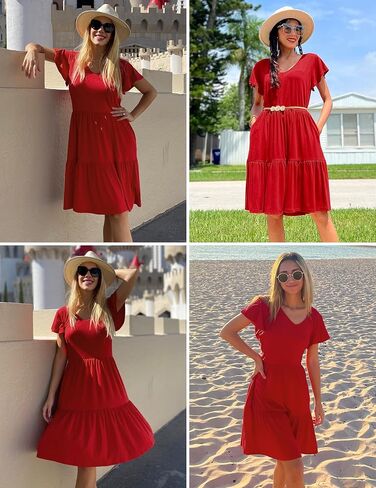 HOTOUCH Women's Casual Tiered Dress with Pockets V Neck Ruffle Dress Cap Sleeve Swing Mini Dress A-Line Dresses in Kuwait